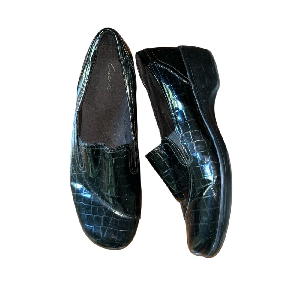 Clarks May Poppy Black‎ Croc Embossed Slip-On Loafers Womens 11W Comfort Shoes